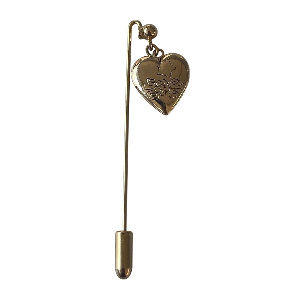 Vintage Gold Tone Heart Locket Stick Pin Etched Flower Dangle Lapel Pin 1980's